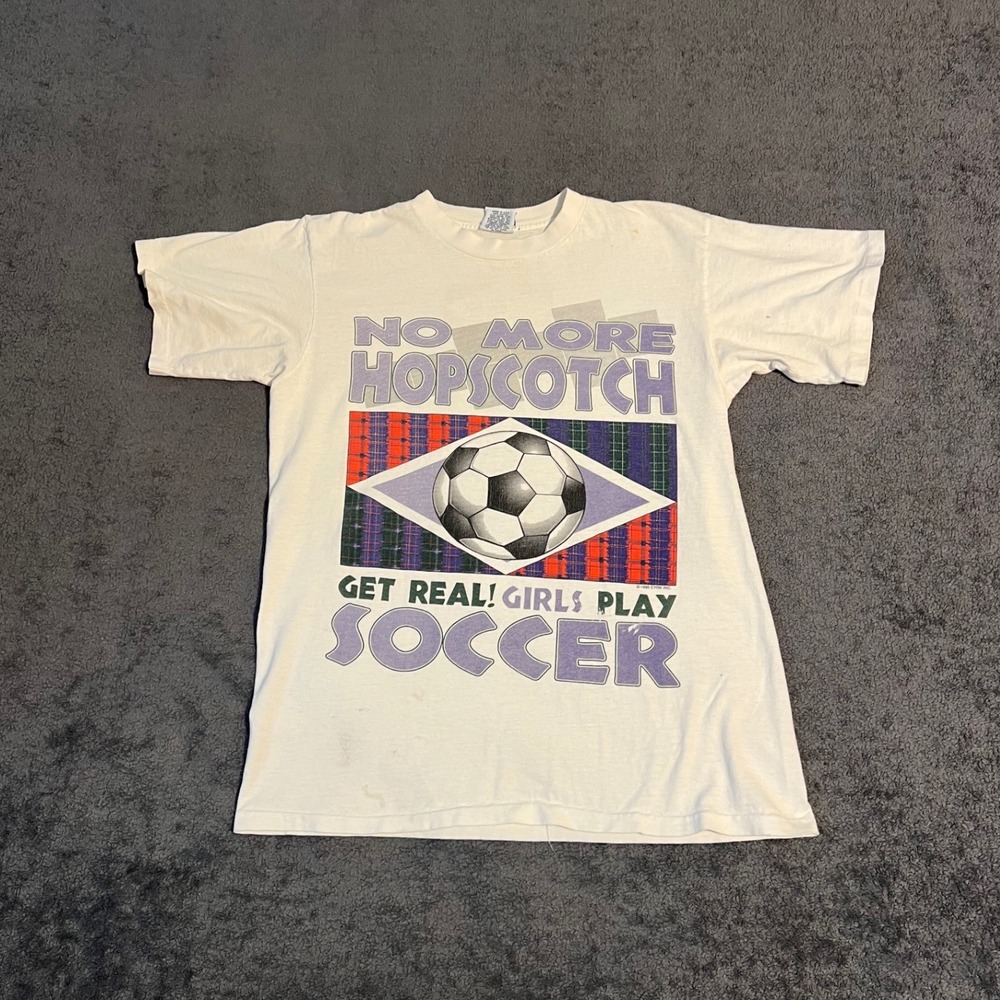 Vintage 90s Cyrk Sport Girls Play Soccer Graphic Shirt White Medium Sports